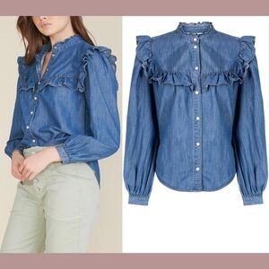 Veronica Bear Blouse denim Blue Puff Sleeve  Size S 100% Cotton